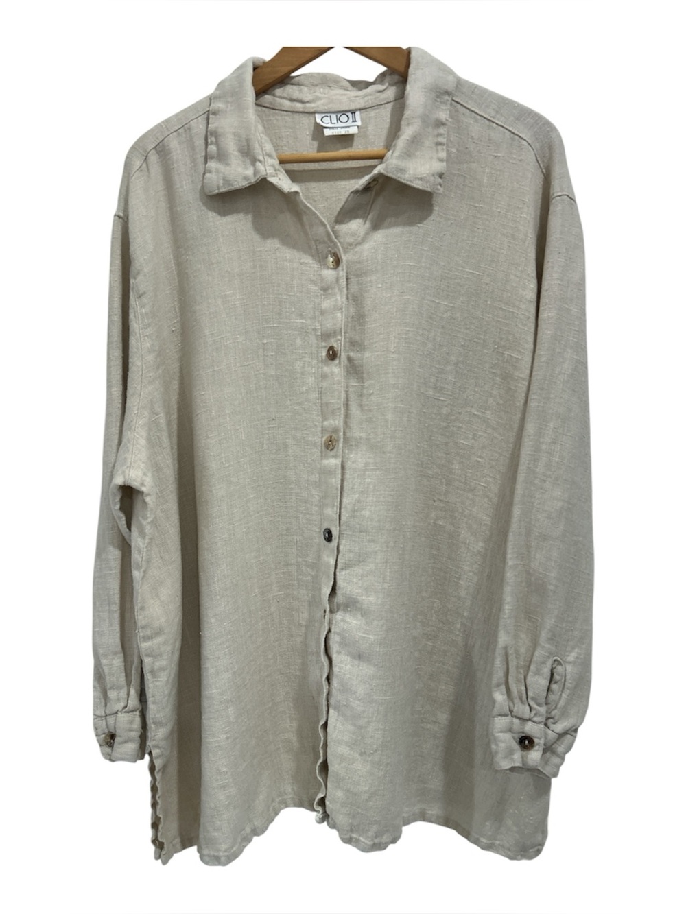 Vintage Clio II 100% Linen Button Up Tunic Top Shirt Made in USA - Beige - 2X